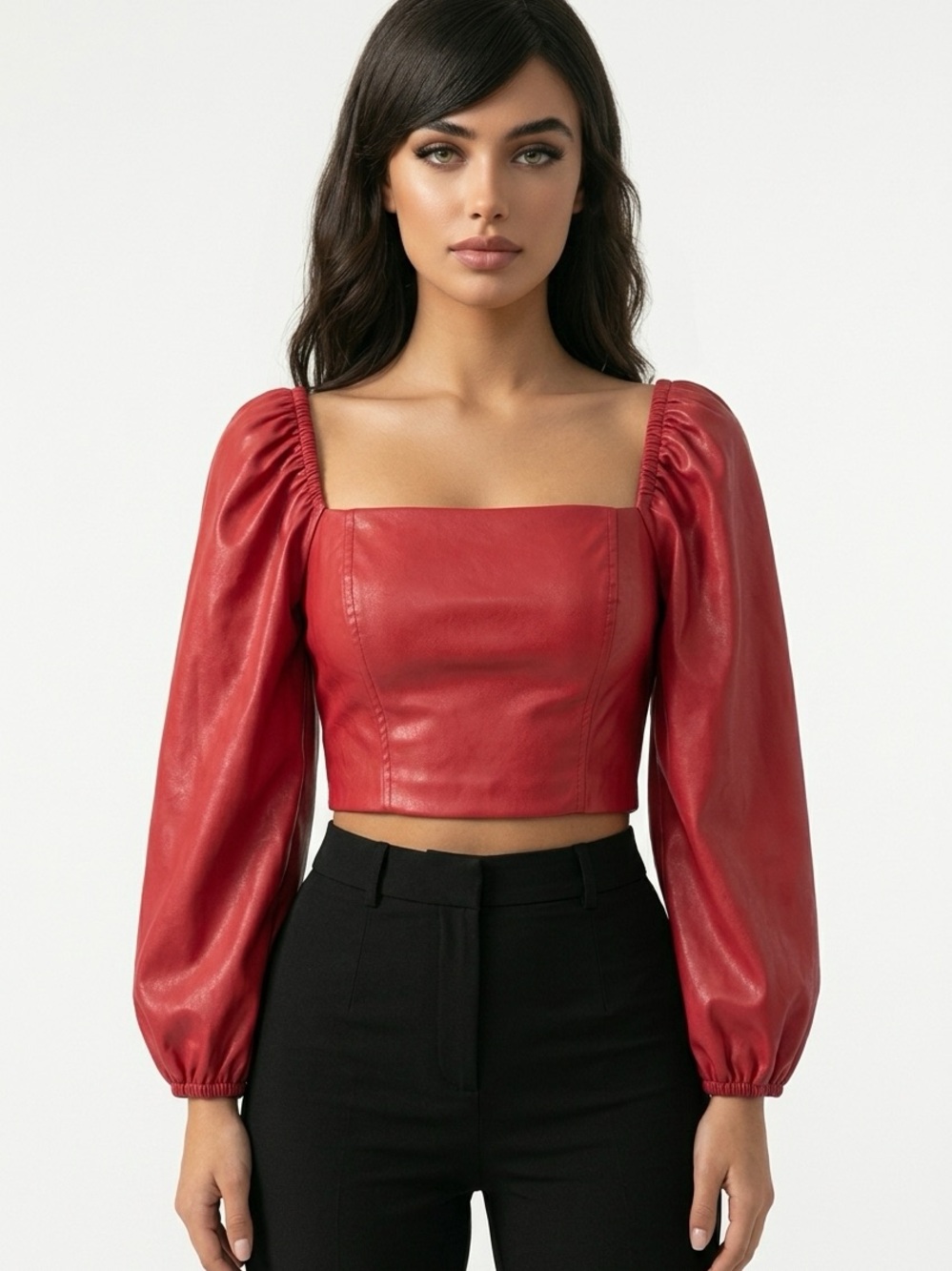 LUSH | Coral Square-Neck Puff Sleeve Faux Leather Crop Top Women’s Size Medium